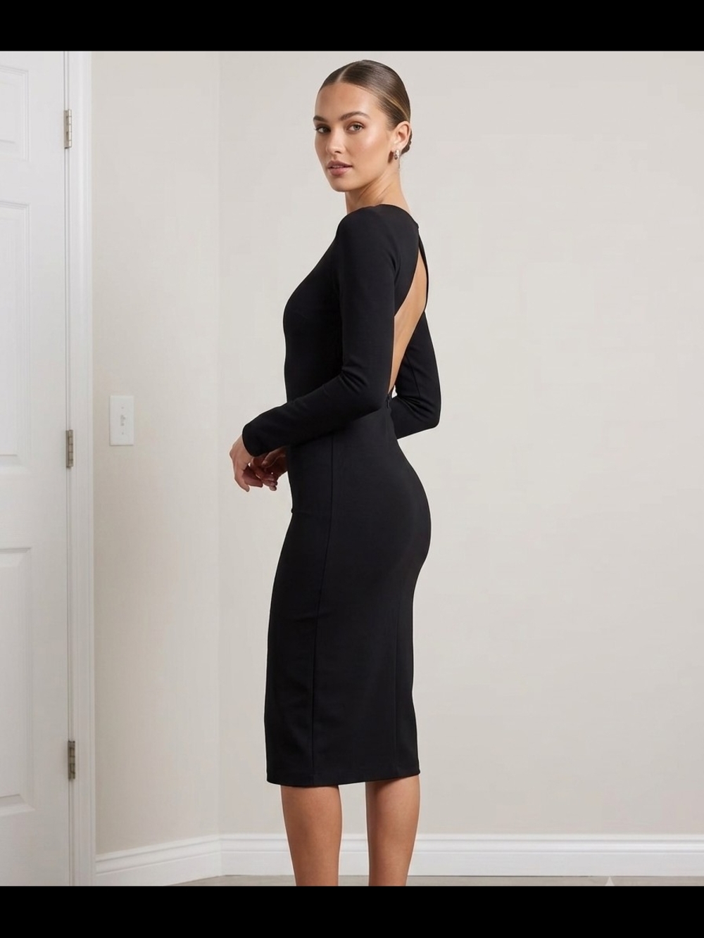Lulu's Sleek Black Long-Sleeve Backless Midi Dress